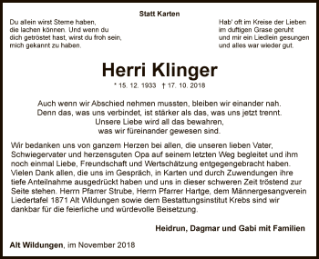 Traueranzeige von Herri Klinger von WLZ