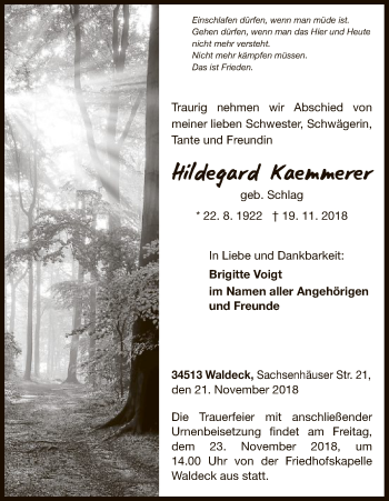 Traueranzeige von Hildegard Kaemmerer von WLZ