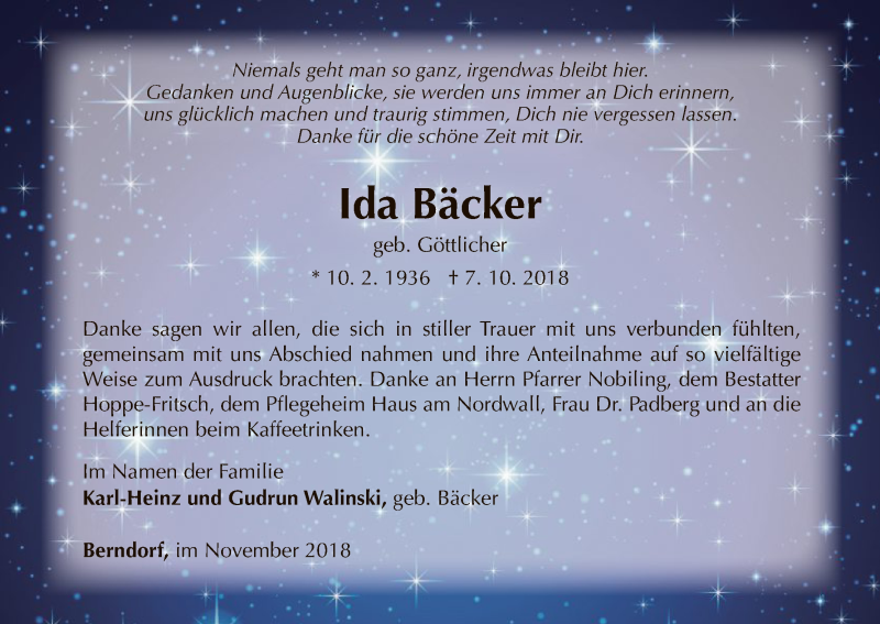  Traueranzeige für Ida Bäcker vom 10.11.2018 aus WLZ