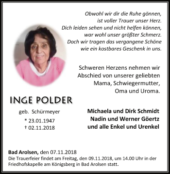 Traueranzeige von Inge Polder von WLZ