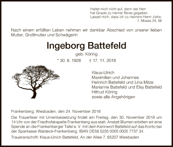 Traueranzeige von Ingeborg Battefeld von WLZ