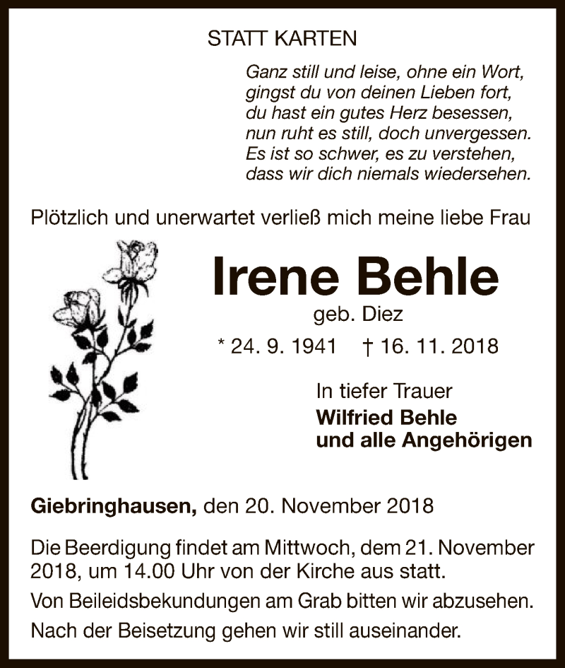  Traueranzeige für Irene Behle vom 20.11.2018 aus WLZ