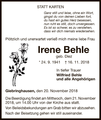 Traueranzeige von Irene Behle von WLZ