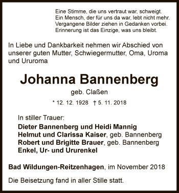 Traueranzeige von Johanna Bannenberg von WLZ