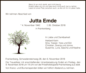 Traueranzeige von Jutta Emde von WLZ