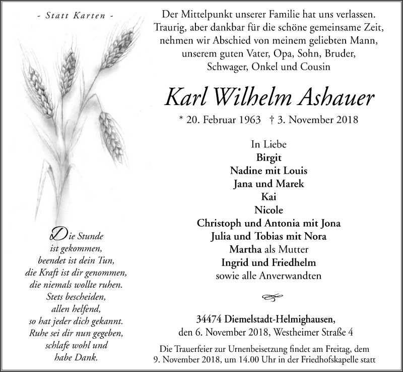  Traueranzeige für Karl Wilhelm Ashauer vom 06.11.2018 aus WLZ