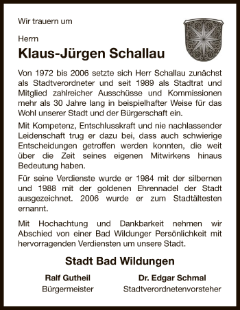 Traueranzeige von Klaus-Jürgen Schallau von WLZ