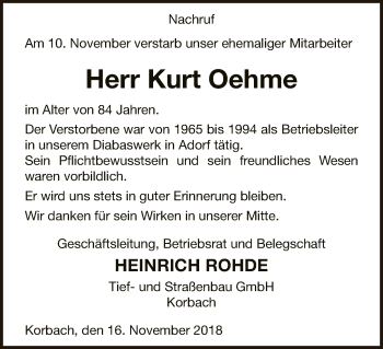 Traueranzeige von Kurt Oehme von WLZ