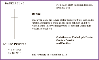 Traueranzeige von Louise Peuster von WLZ