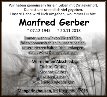 Traueranzeige von Manfred Gerber von WLZ