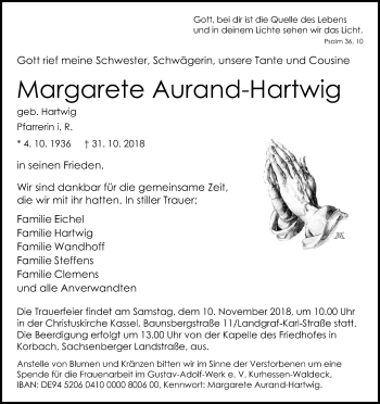 Traueranzeige von Margarete Aurand-Hartwig von WLZ