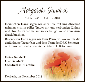 Traueranzeige von Margarete Gaudeck von WLZ