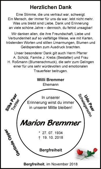 Traueranzeige von Marion Bremmer von WLZ