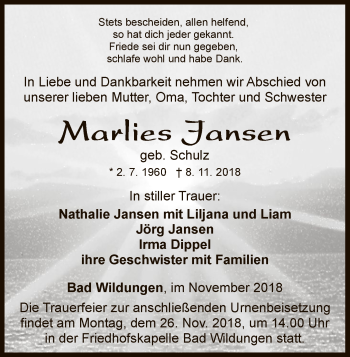 Traueranzeige von Marlies Jansen von WLZ