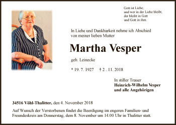 Traueranzeige von Martha Vesper von WLZ