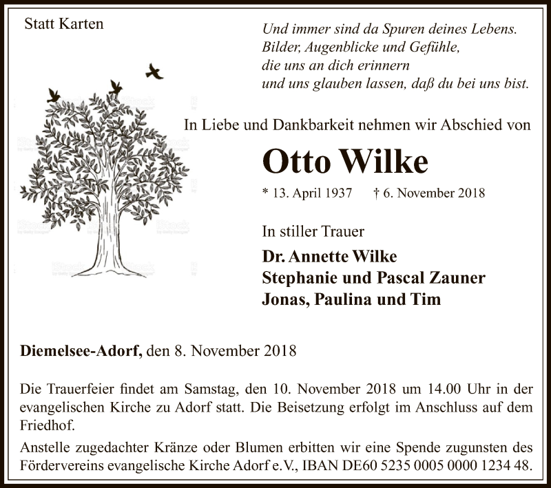 Traueranzeige für Otto Wilke vom 08.11.2018 aus WLZ