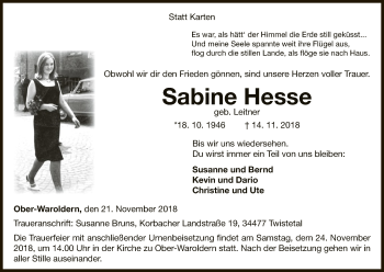 Traueranzeige von Sabine Hesse von WLZ