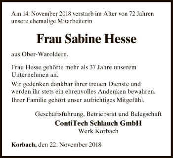 Traueranzeige von Sabine Hesse von WLZ