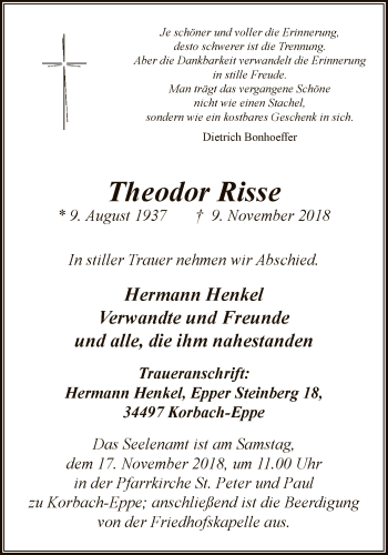 Traueranzeige von Theodor Risse von WLZ