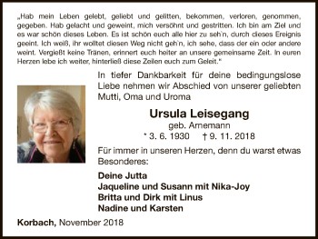 Traueranzeige von Ursula Leisegang von WLZ