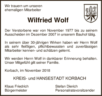 Traueranzeige von Wilfried Wolf von WLZ