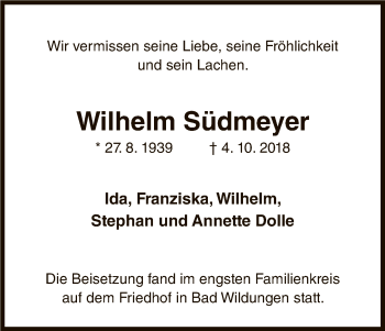 Traueranzeige von Wilhelm Südmeyer von WLZ