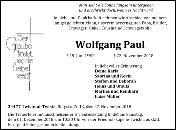 Traueranzeige von Wolfgang Paul von WLZ