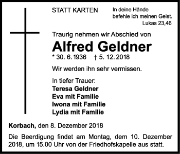 Traueranzeige von Alfred Geldner von WLZ