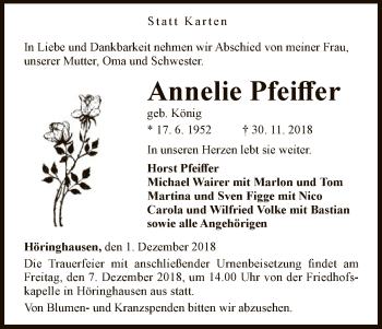 Traueranzeige von Annelie Pfeiffer von WLZ