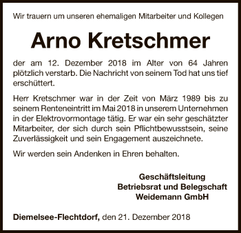 Traueranzeige von Arno Kretschmer von WLZ