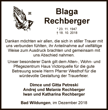 Traueranzeige von Blaga Rechberger  von WLZ