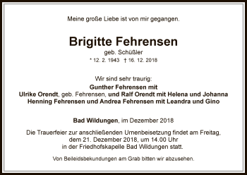 Traueranzeige von Brigitte Fehrensen von WLZ