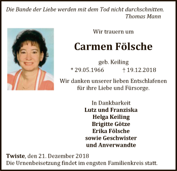 Traueranzeige von Carmen Fölsche von WLZ