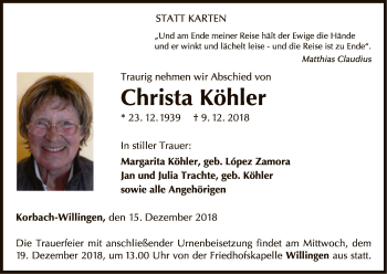 Traueranzeige von Christa Köhler von WLZ