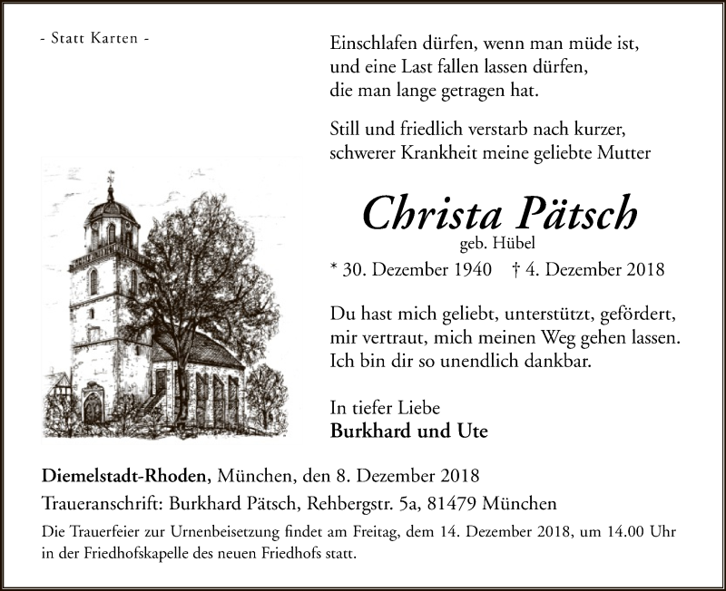  Traueranzeige für Christa Pätsch vom 08.12.2018 aus WLZ