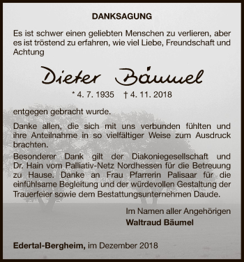 Traueranzeige von Dieter Bäumler von WLZ