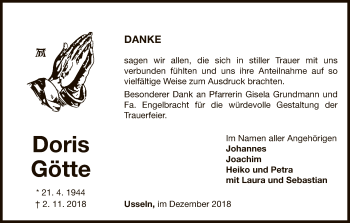 Traueranzeige von Doris Götte von WLZ