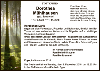 Traueranzeige von Dorothea Mühlhausen von WLZ