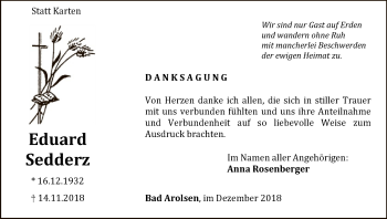 Traueranzeige von Eduard Sedderz von WLZ