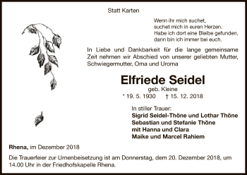 Traueranzeige von Elfriede Seidel von WLZ