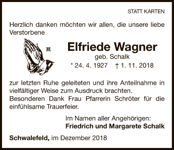 Traueranzeige von Elfriede Wagner von WLZ