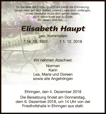 Traueranzeige von Elisabeth Haupt von WLZ