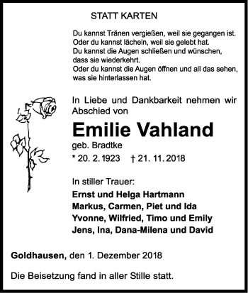 Traueranzeige von Emilie Vahland von WLZ