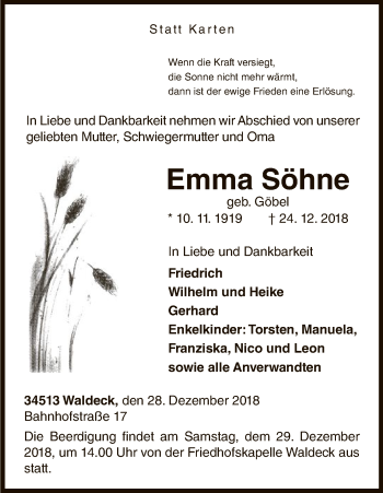 Traueranzeige von Emma Söhne von WLZ