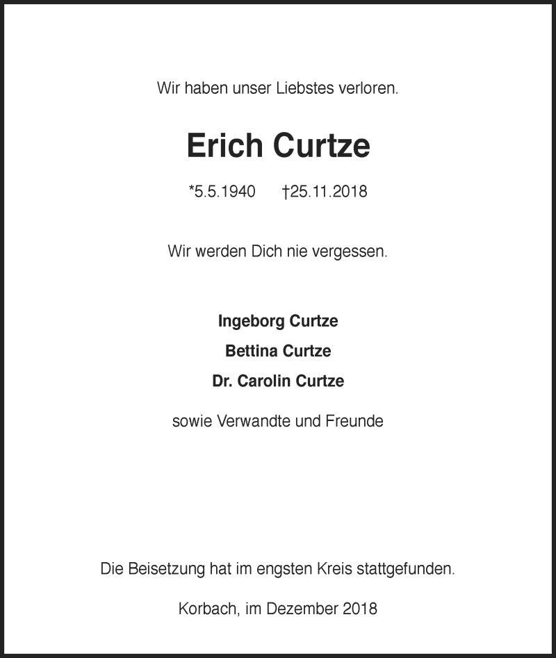  Traueranzeige für Erich Curtze vom 05.12.2018 aus WLZ
