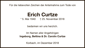 Traueranzeige von Erich Curtze von WLZ