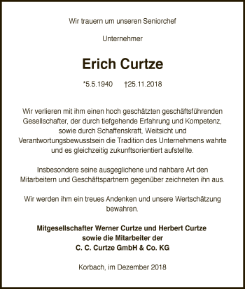 Traueranzeige von Erich Curtze von WLZ