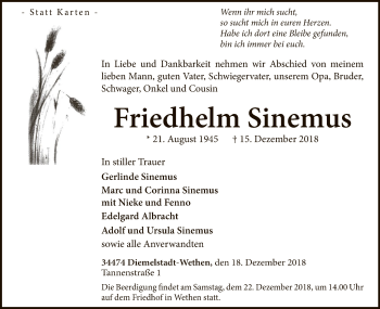 Traueranzeige von Friedhelm Sinemus von WLZ