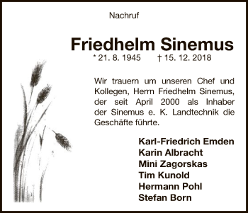 Traueranzeige von Friedhelm Sinemus von WLZ