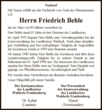 Traueranzeige von Friedrich Behle von WLZ